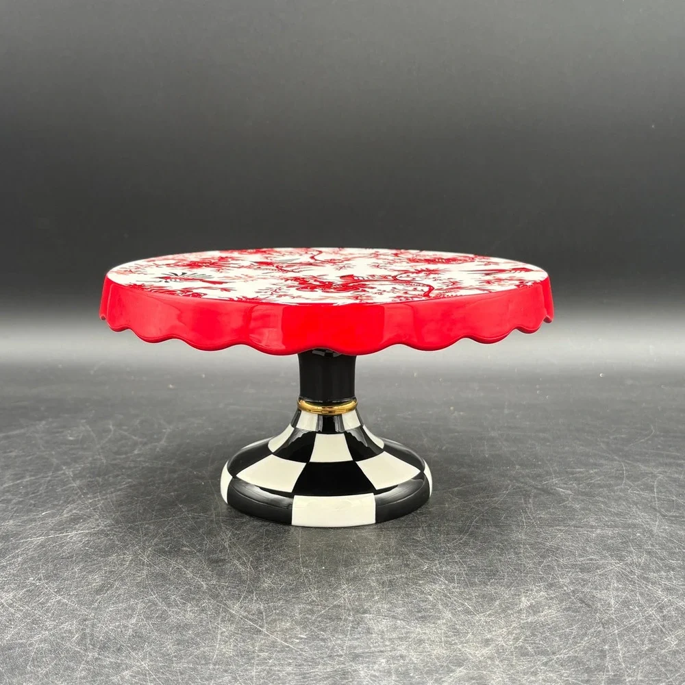 MacKenzie-Childs Cardinal Floral Cake Stand Courtly Check Base Red White Black